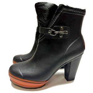 Sorel Womens Medina Rain Heel Boot Size 7 Waterproof Rain Snow EUC Black/Orange